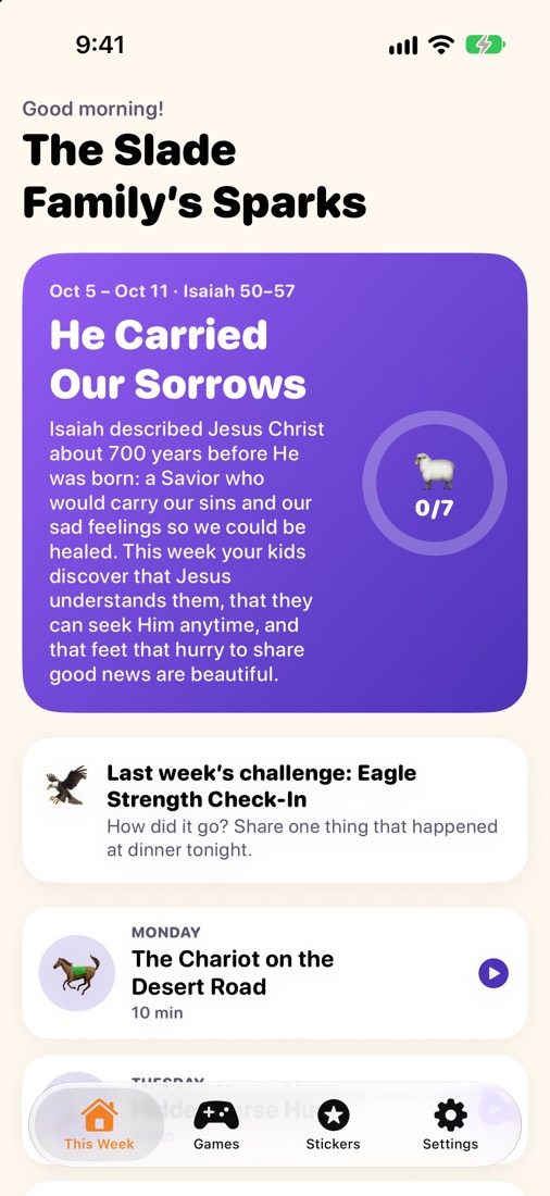 The Family side: The Slade Family’s Sparks for the week of Isaiah 50–57, with last week’s challenge check-in and Monday’s spark.