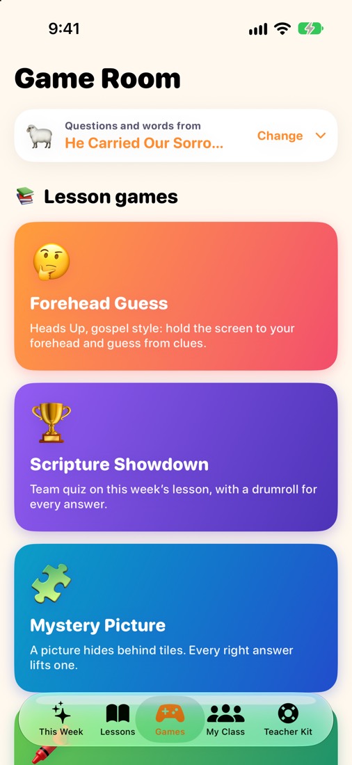 The Game Room: Forehead Guess, Scripture Showdown and Mystery Picture, using this week’s lesson.