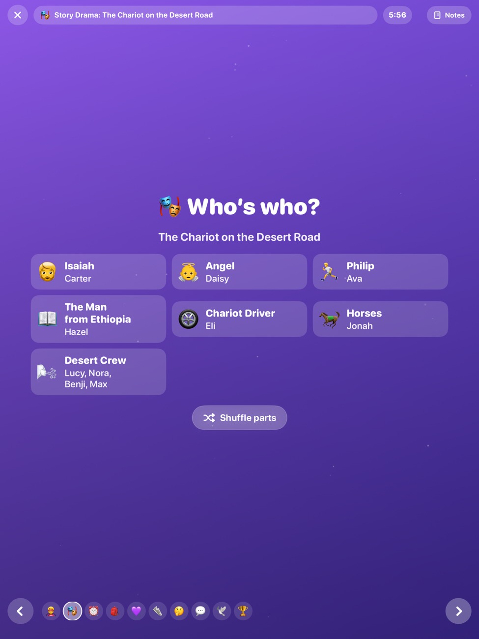 Teach Mode on iPad: “Who’s who?” hands every child a part in the story drama of Philip and the chariot.